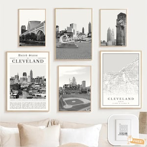 Digital Cleveland Print Set Of 6, Black and White Cleveland Map Decor, Cleveland Ohio Travel Poster, Cleveland OH Wall Art, Cleveland Gifts