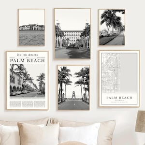 Palm Beach Florida Print Set of 6, Black and White Palm Beach Map Home Decor, FL Palm Beach Wall Art Photos Gifts, Palm Beach Travel Poster