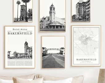 Bakersfield Print Set of 6, Black and White Bakersfield Map Decor, Bakersfield Wall Art Photos, Bakersfield Travel Poster, California Gifts