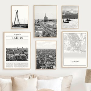 Lagos Print Set Of 6, Black and White Lagos Map Decor, Lagos Nigeria Poster, Lagos Wall Art Photo, Lagos City Travel Art, Lagos Africa Gifts