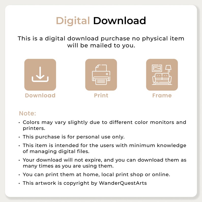 May include: Digital download graphic with a download icon, a printer icon, and a picture frame icon. The text reads "Digital Download" and "This is a digital download purchase no physical item will be mailed to you."