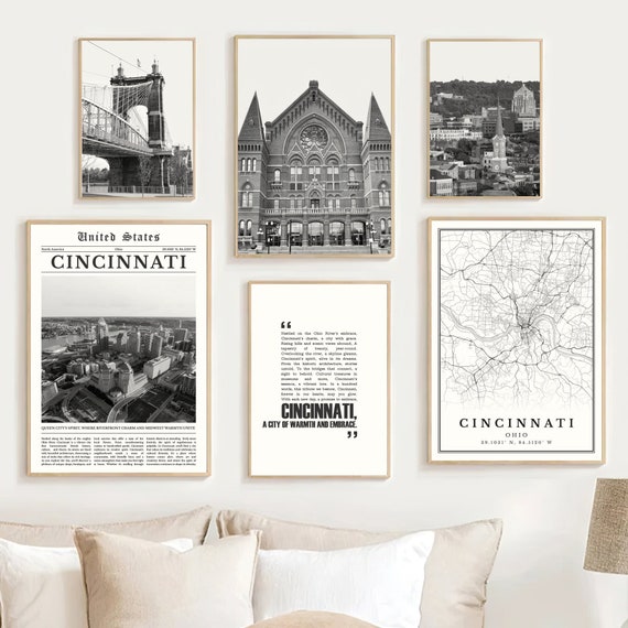 Cincinnati Print Set Of 6, Black And White Cincinnati Map Decor, Cincinnati Travel Poster, Cincinnati Wall Art Photos, Ohio Cincinnati Gifts
