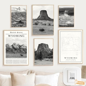 Digital Wyoming State Black and White Print Set of 6, Wyoming Map, Wyoming Decor, Wyoming Wall Art, Wyoming Travel Poster Wyoming Gift Photo