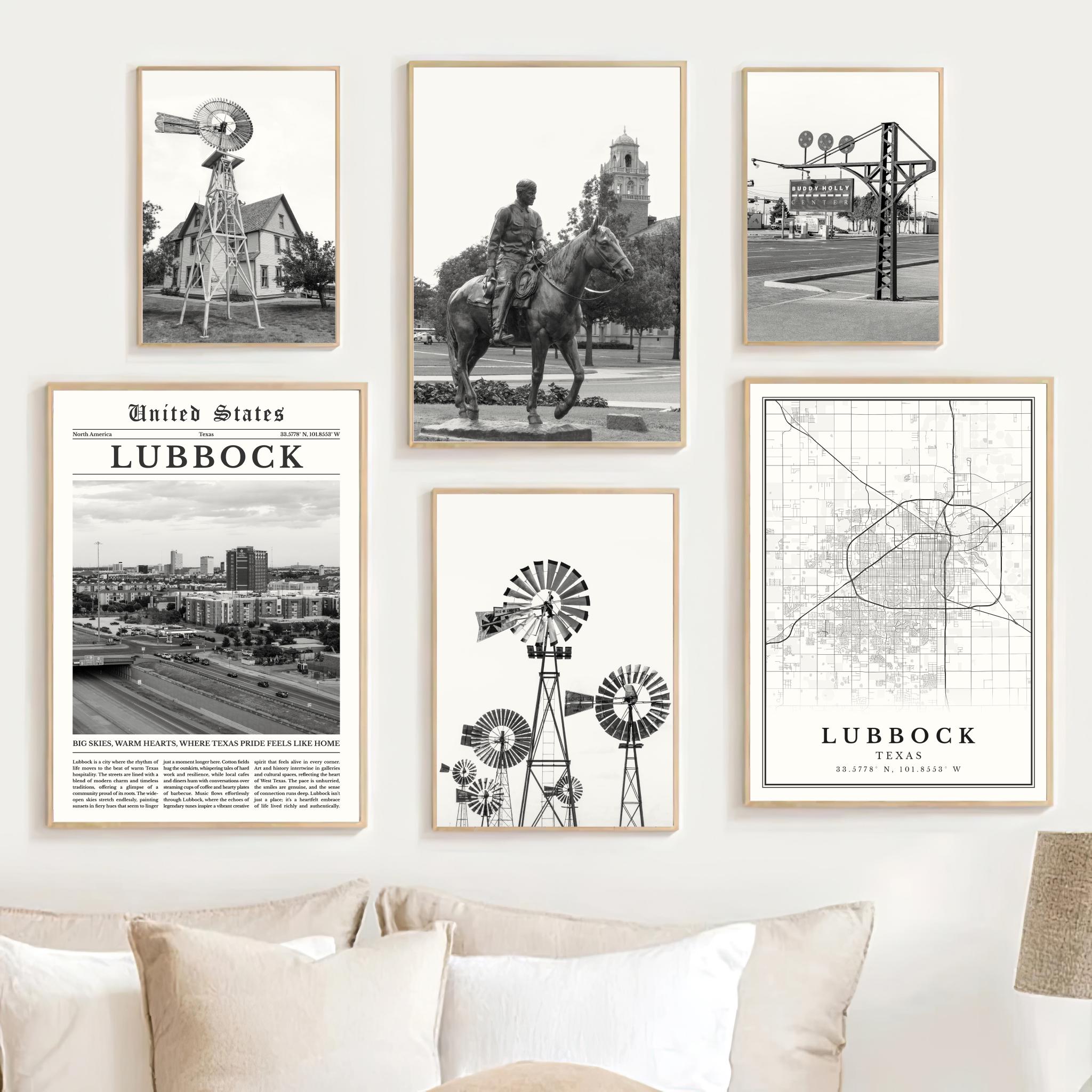Lubbock Print Set Of 6, Lubbock Texas Poster, Black and White Lubbock Map, Lubbock Wall Art Photo, Texas Tech University Decor, Lubbock Gift