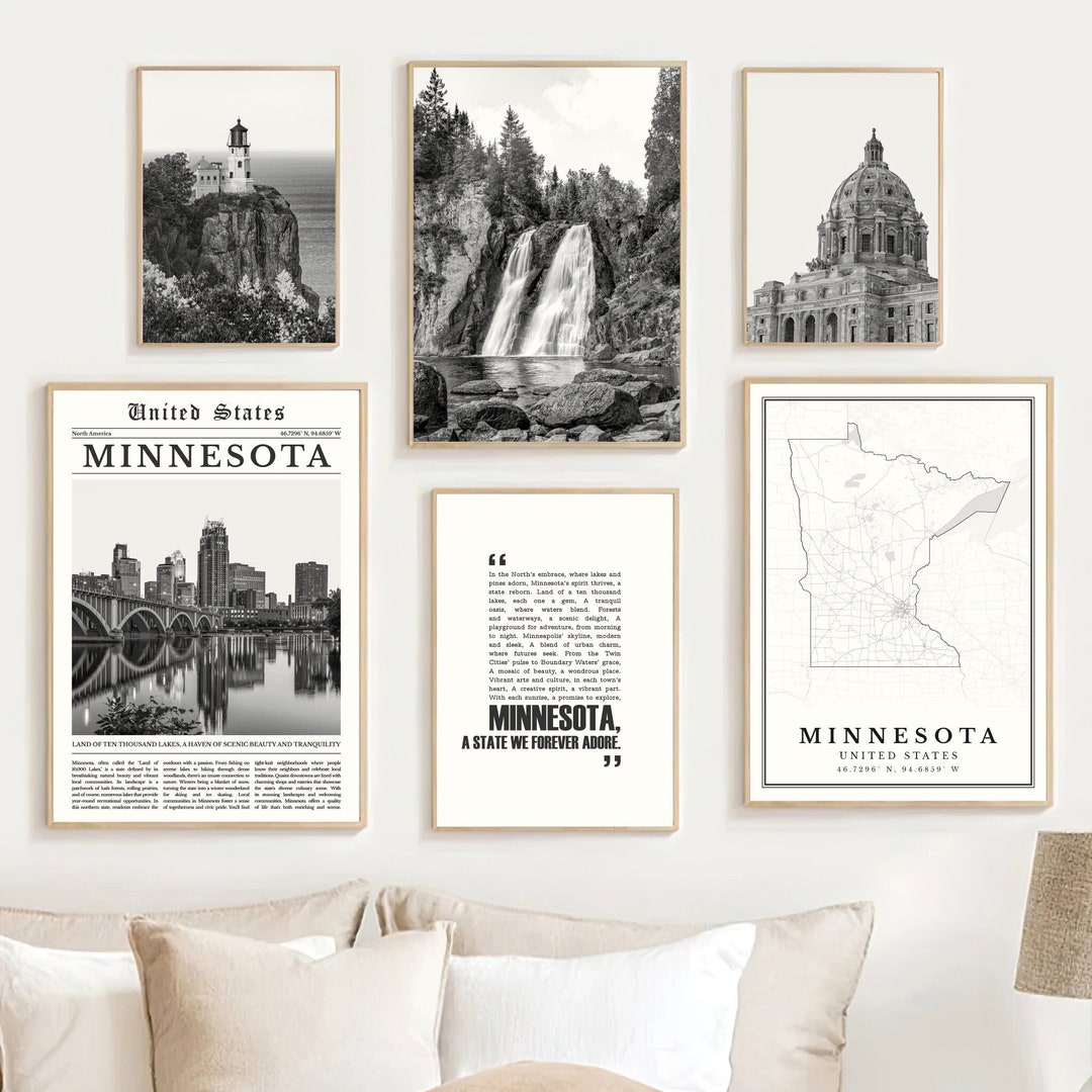 Digital Minnesota State Black and White Print Set of 6, Minnesota Map Decor, Minnesota Wall Art