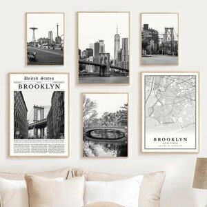 Brooklyn New York Prints Set Of 6, Black and White Brooklyn Map Decor, Dumbo Brooklyn Bridge Pictures Wall Art, Coney Island Travel Poster