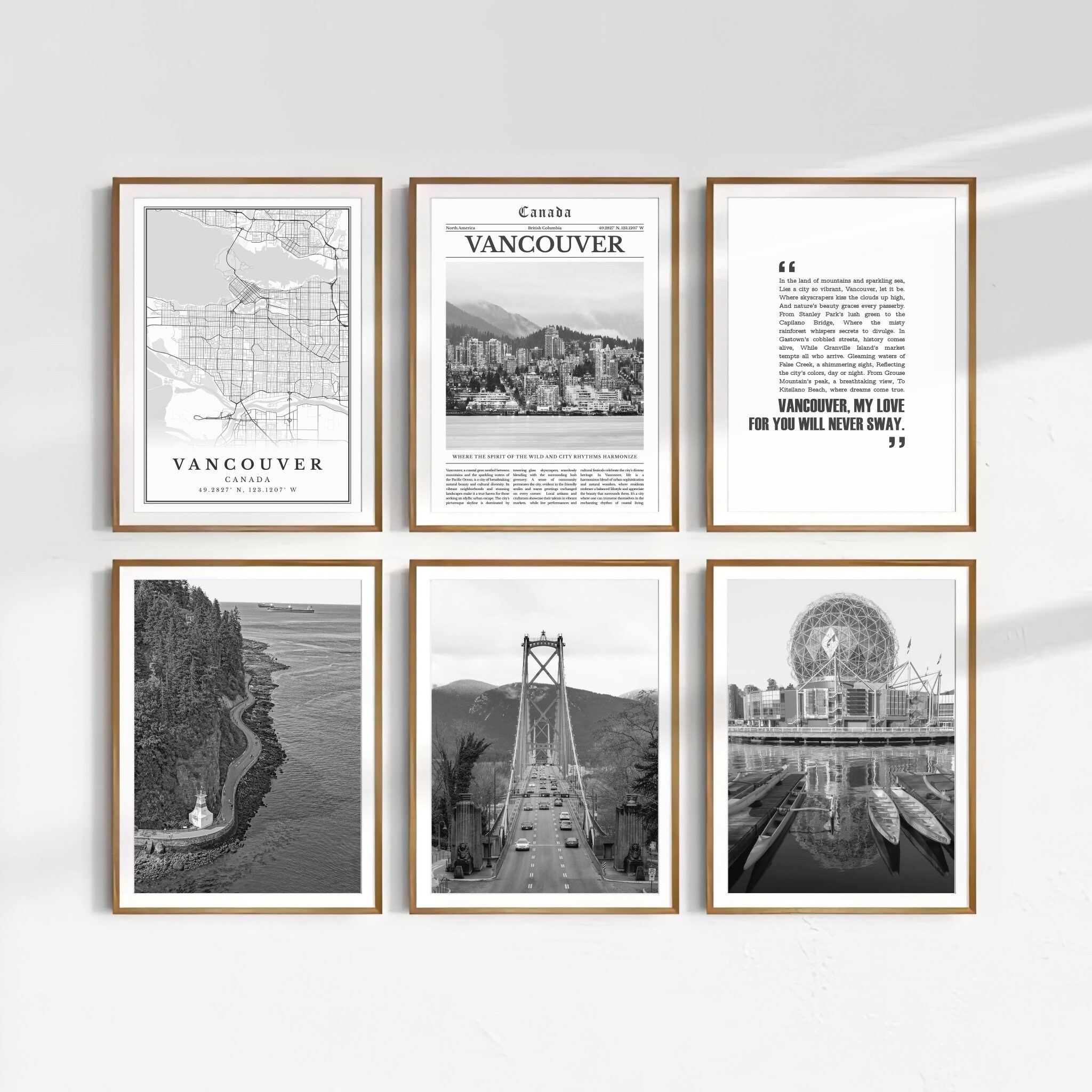 Digital Vancouver Black and White Print Set of 6, Vancouver Map Print