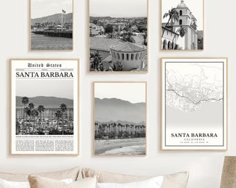 Santa Barbara Print Set Of 6, Digital Black and White Map Decor, CA Travel Poster Gifts, California Coastal Photography, Beach Town Wall Art