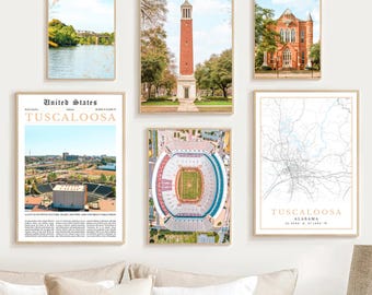 Tuscaloosa Print Set Of 6, Digital Tuscaloosa Map Home Decor, Digital Tuscaloosa Wall Art Photo, Tuscaloosa AL Travel Poster, Alabama Gifts