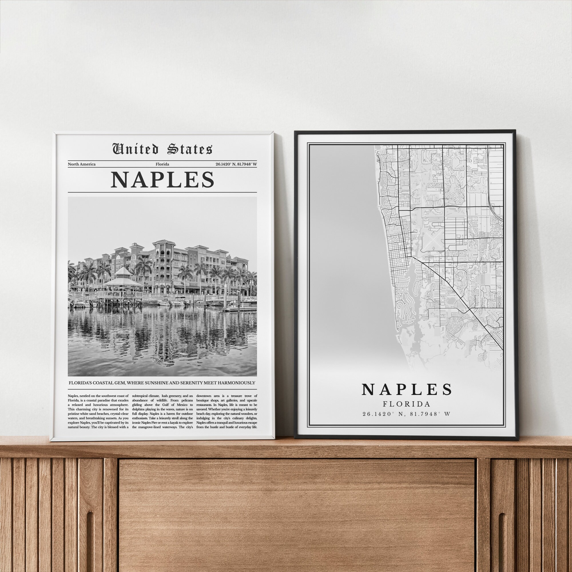 Naples Florida Print Set of 6, Black and White Naples Florida Map