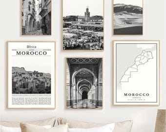 Morocco Print Set: Black & White Map, Travel Poster (Digital Download)
