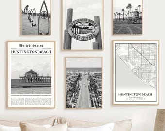 Huntington Beach Print Set Of 6, Black & White Digital Map Decor, California Travel Poster, Surf City Wall Art Photo, Printable Artwork Gift