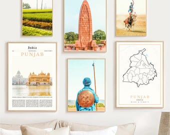 May include: A collection of framed art prints featuring scenes from Punjab, India. The prints showcase landscapes, historical monuments, and cultural imagery, including a map of the region and text that reads "Punjab India". The color palette includes earth tones, blues, and golds.