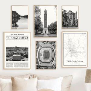 Tuscaloosa Alabama Print Set Of 6, Black and White Tuscaloosa Map Decor Gift, Digital Tuscaloosa Wall Art Photo, Tuscaloosa AL Travel Poster