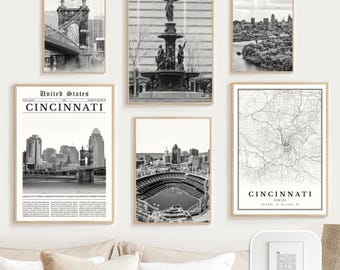 Cincinnati Print Set Of 6, Black And White Cincinnati Map Decor, Ohio Cincinnati Travel Poster, Cincinnati Wall Art, Cincinnati Photo Gifts