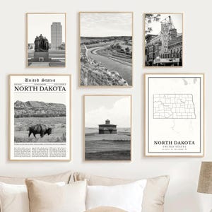 North Dakota Print Set of 6, Black and White North Dakota Map Decor, North Dakota Wall Art Photo Fargo Art, North Dakota State Travel Poster
