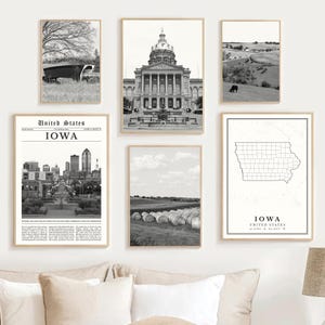 Iowa Print Set Of 6, Black and White Iowa State Map, Iowa Wall Art Photo, Iowa Travel Poster, Iowa Decor, Iowa Art, Iowa Gifts, Iowa Artwork