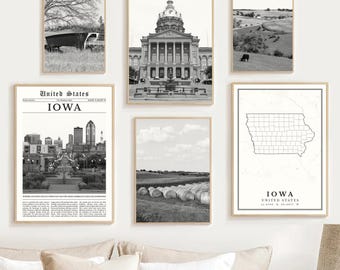 Iowa Print Set Of 6, Black and White Iowa Wall Art Photos, Digital Travel Poster Printable, Iowa State Map Decor, Iowa Photography Gifts