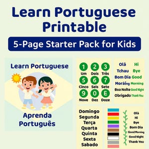 Beginner Portuguese Printable | Kids Language Learning Pack | Colors, Numbers, Days | PDF Homeschool Activity