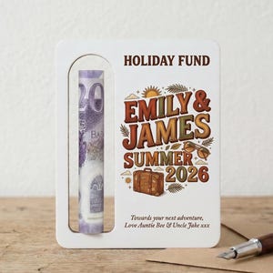 May include: A white money holder with a slot for a bill, featuring the text "HOLIDAY FUND" and "EMILY & JAMES SUMMER 2026". The design includes a suitcase, sunglasses, and a sun graphic. A pen rests on the wooden surface.