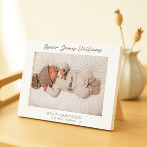 Personalised Baby Birth Details Photo Frame, Engraved White Frame for 6x4 5x7 and 8x6 Photographs