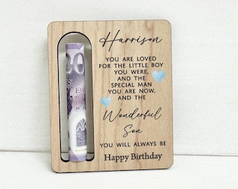 Birthday Money Card for Son, Personalised With Name, Wooden Money Wallet