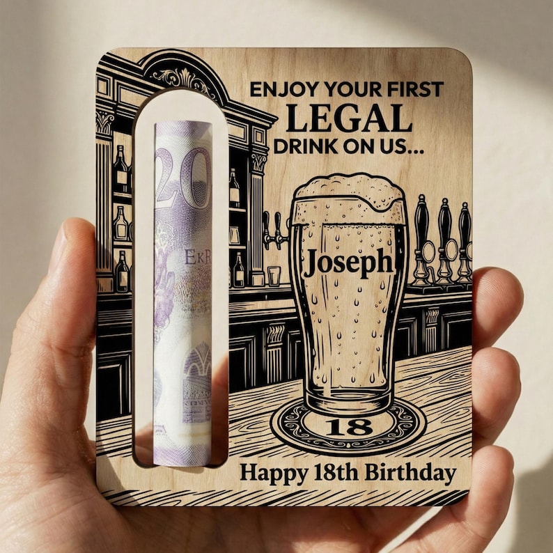 18th Birthday Money Gift | 18th Money Wallet | 18th Birthday for Him | First Legal Drink 18th Birthday Money Holder, Birthday Boy Beer Money Drink Engraved
