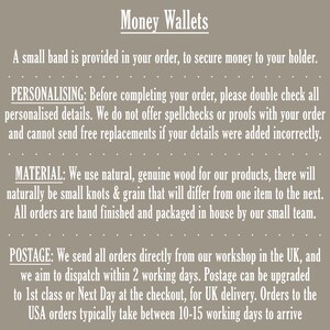 May include: Text on a light brown background explaining the details of ordering personalized wooden money wallets. The text includes information about personalization, materials, and shipping.