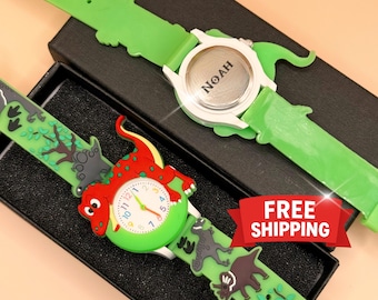ENGRAVED WRISTWATCH - Green Wrist Watch with Dinosaurs' armband - Watch for Boys - Custom Gift Watch, Watch Case Included, Analog Watch Dial