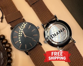 ENGRAVED WATCH with brown Armbands - Gift Ready with Packaging - Engraved wristwatch with laser cut - Arabic dial watch - Custom watch dial