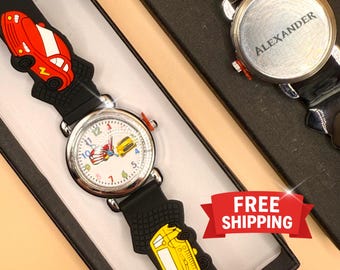 ENGRAVED WRISTWATCH - Black Wrist Watch with Cars armband - Watch For Boys - Custom Gift Watch - Watch case included - Analog Watch dial