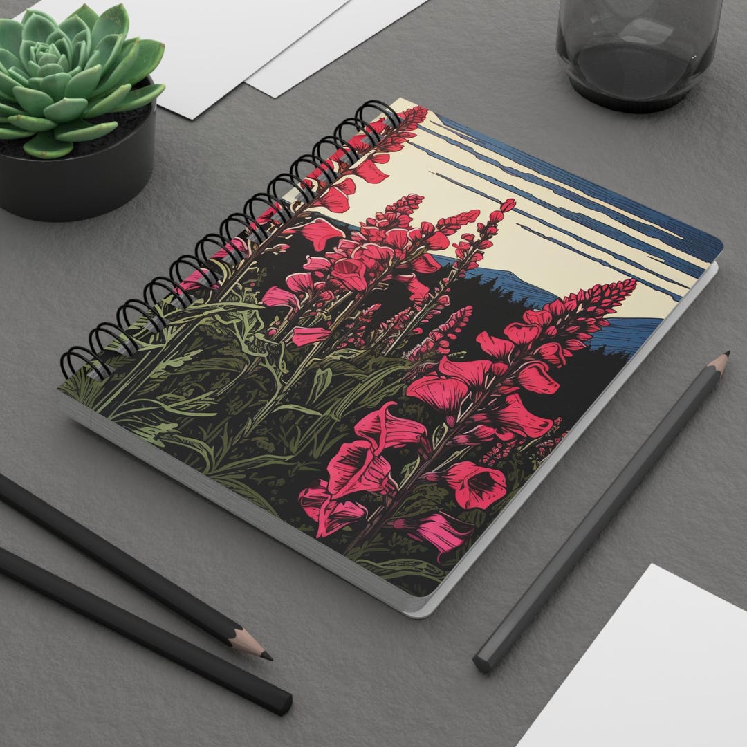 Foxglove Spiralbound Journal, Flower Spiralbound Journal, Woodcut Print ...