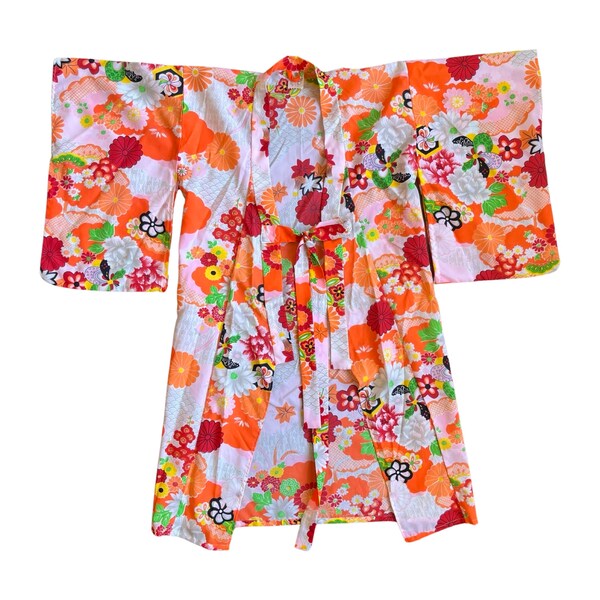 vintage japanese kimono orange pink white made in japan polyester 60s 70s 80s