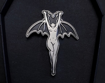 Vampire Bat Woman Witch Pin / Halloween Devil Gothic Girl Dark Art / Black Silver Metal Brooch