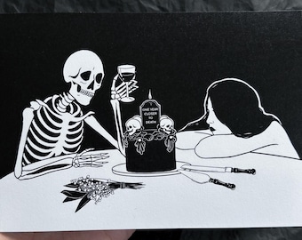 Gothic Birthday Card Skeleton Cake | Memento Mori Witchy Dark Art, Alternative Stationery