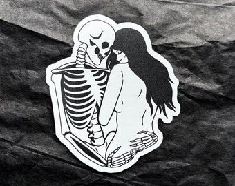 Skeleton Girl Embrace Gothic Lovers Vinyl Sticker | Dark Romance, Halloween Gift