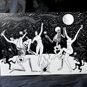 Totentanz / Halloween Gothic Kunstdruck / Hexen Skelette Teufels Tanz / Dark Folk Pagan Geburtstagsparty / Grußkarte