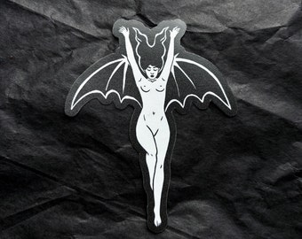 Vampire Bat Woman Witch Sticker / Halloween Devil Gothic Girl Dark Art / Black and White Vinyl Sticker