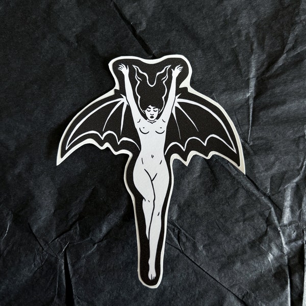 Vampire Bat Woman Sticker: Gothic Halloween Dark Art Vinyl Decal