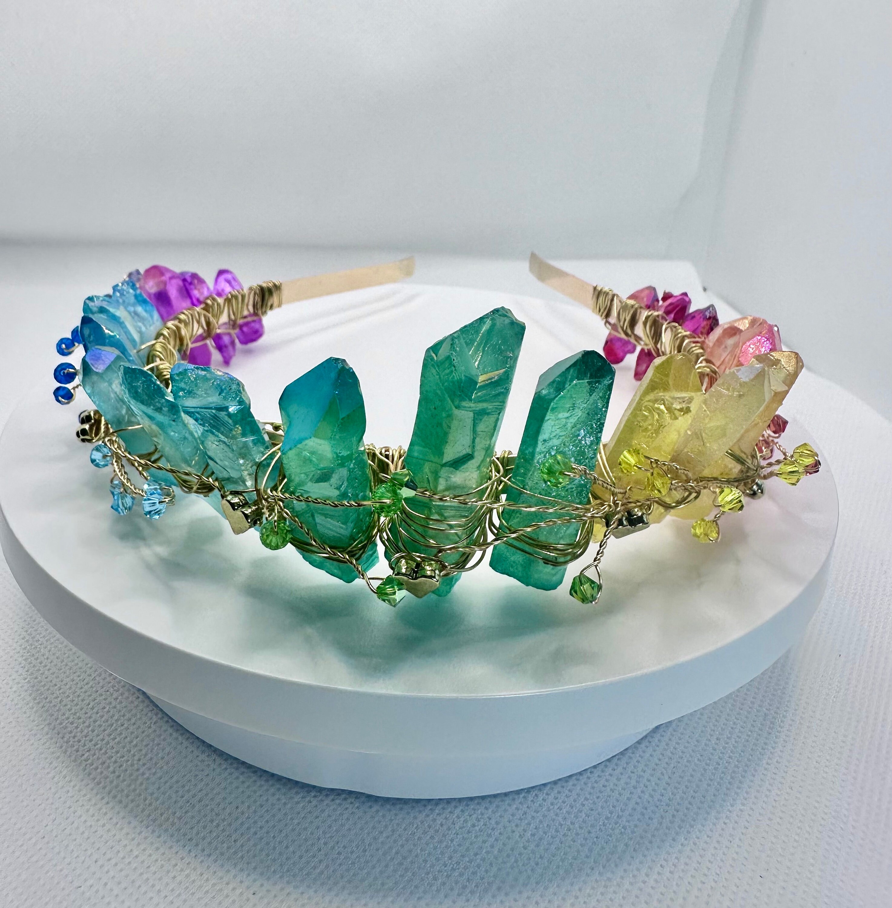 Rainbow Aura Quartz Chakra Wire Wrap Crown Tiara LGBTQ Iridescent Blue and Pink Ombre Rainbow Natural Crystal Tiara  main image 2