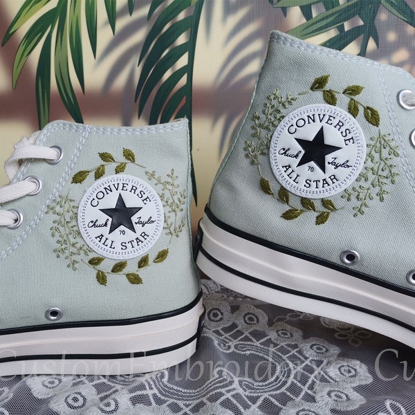 Customized Converse Embroidered Shoes Converse Chuck Taylor 1970s Embroidered Green Leaves Converse Shoes Best Gift for Her