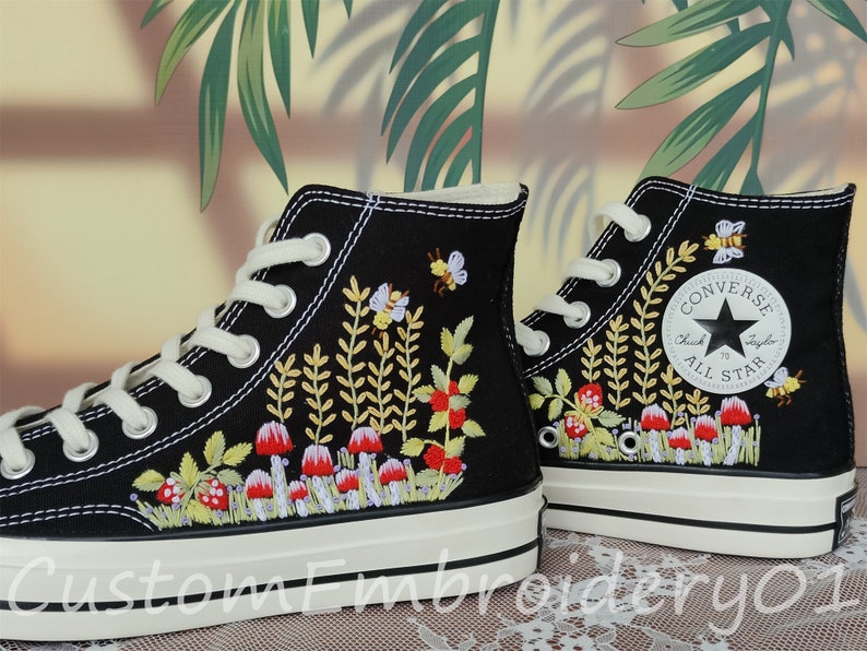 Customized Converse Embroidered Shoes Converse Chuck Taylor 1970s Embroidered Bee&Mushroom Converse Shoes Best Gift for Her image 3