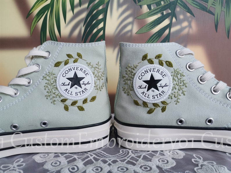 Customized Converse Embroidered Shoes Converse Chuck Taylor 1970s Embroidered Green Leaves Converse Shoes Best Gift for Her image 4