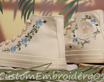 Wedding sneakers/ Valentine Gift/Embroidered Wedding Flowers Shoes Wedding Converse Converse Embroidered Flowers Flat Gold Buckle Shoes