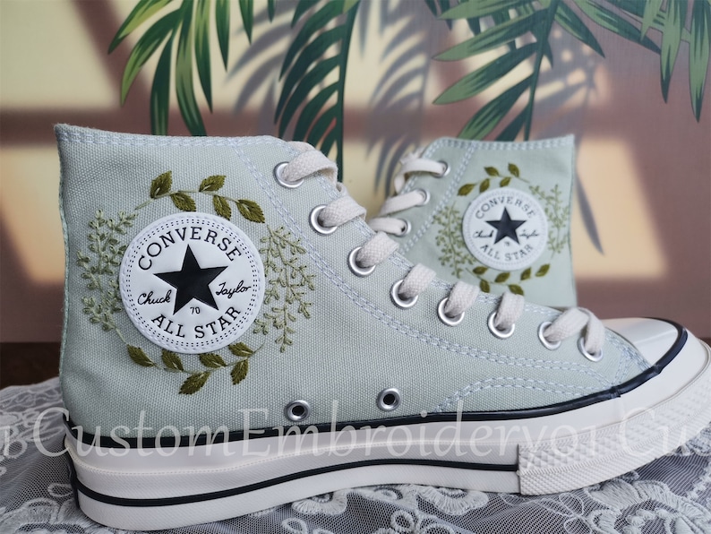 Customized Converse Embroidered Shoes Converse Chuck Taylor 1970s Embroidered Green Leaves Converse Shoes Best Gift for Her image 3