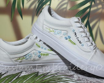 Custom Vans Embroidered Shoes Vans Mushroom& Flowers Bridal Sneakers Embroidered Wedding Shoes Wedding Gifts For Her