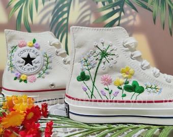 Customized Converse Embroidered Shoes Converse Chuck Taylor 1970s Embroidered Dandelion & Clover Converse Shoes Best Gift for Her