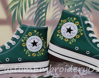 Customized Converse Embroidered Shoes Converse Chuck Taylor 1970s Embroidered Green Leaves sunflower Flower Converse Shoes Best Gift for Her