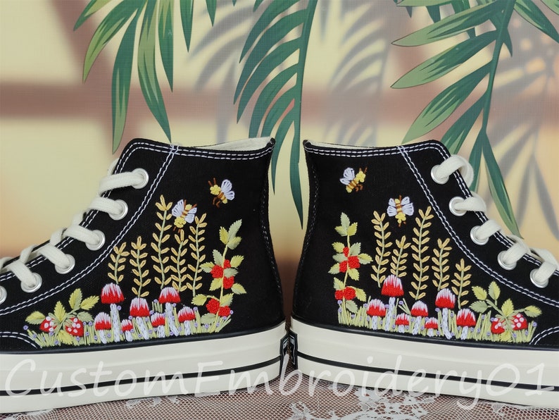 Customized Converse Embroidered Shoes Converse Chuck Taylor 1970s Embroidered Bee&Mushroom Converse Shoes Best Gift for Her image 1