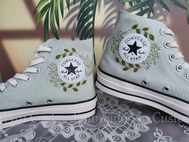 Customized Converse Embroidered Shoes Converse Chuck Taylor 1970s Embroidered Green Leaves Converse Shoes Best Gift for Her image 1